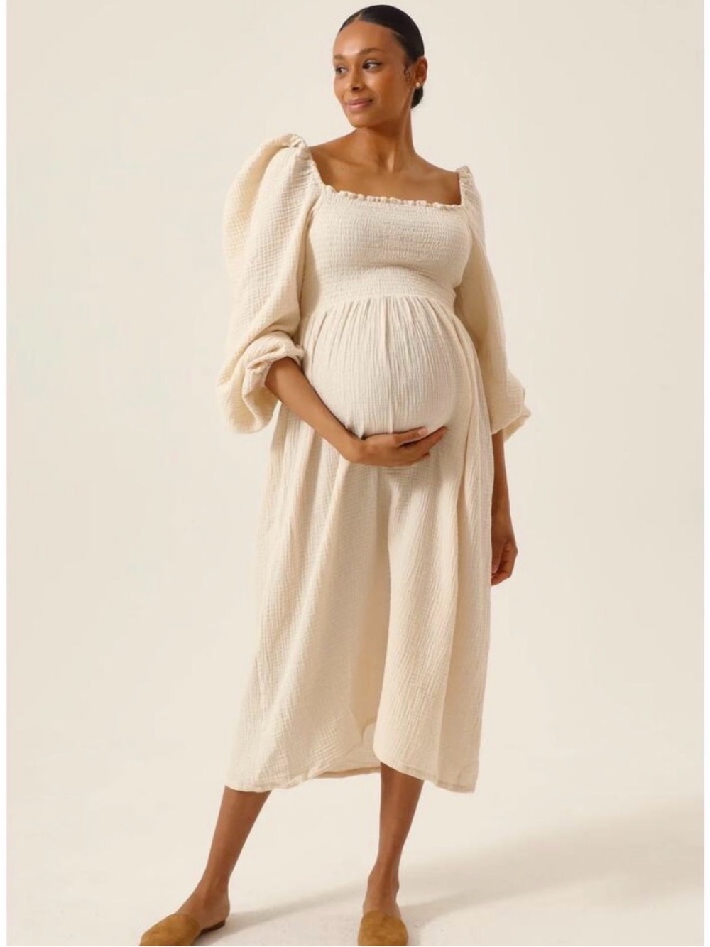 NWT Nothing Fits But Aoi Dress Cream Smocked Puff-Sleeve Midi Dress Medium